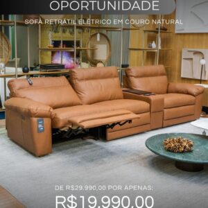 Sofá Retrátil Elétrico em Couro Natural